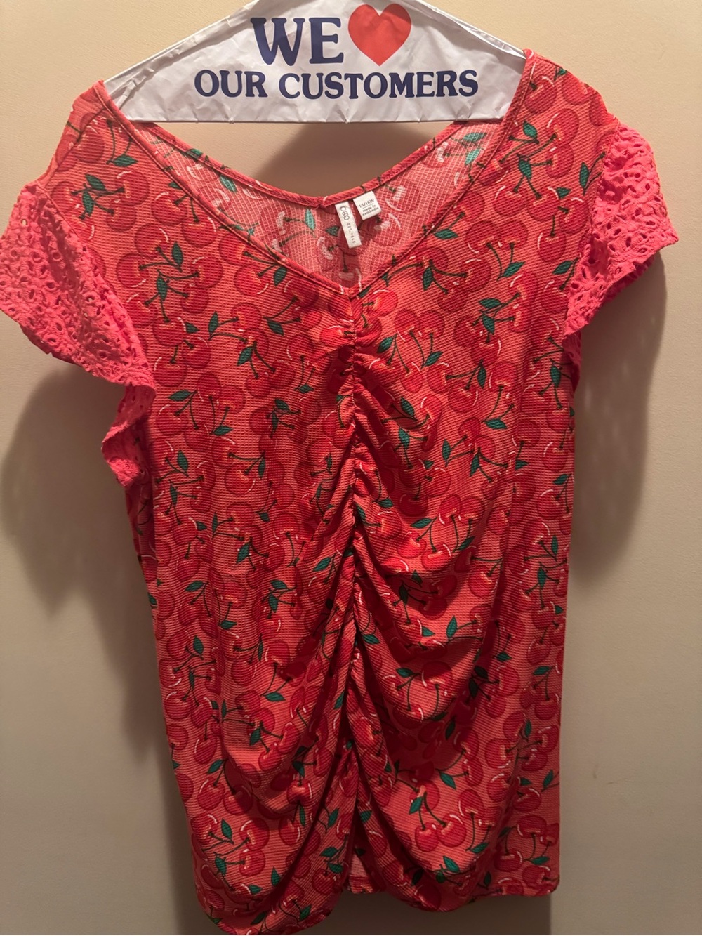 Cato Orange and Red Cherry-Print Ruched Short Sleeve Top 14/16W